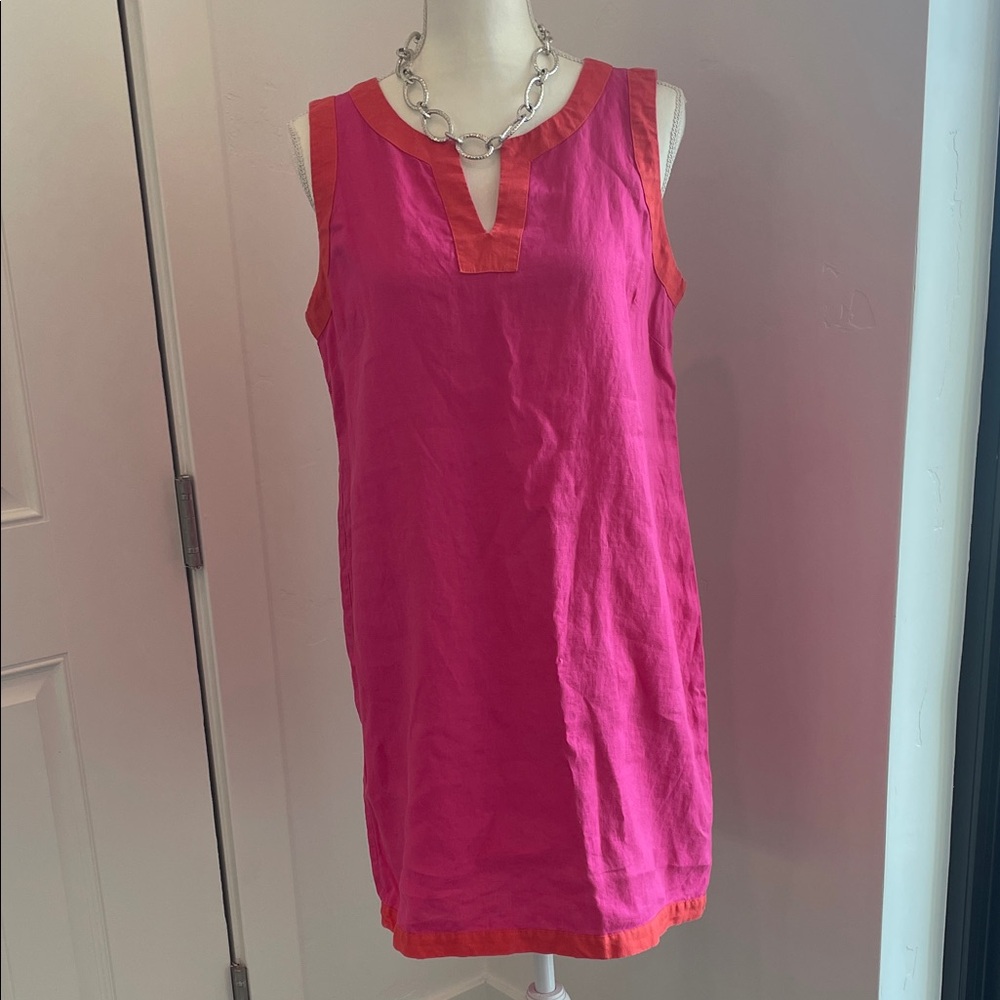 Sigrid Olsen Vibrant Pink/Orange Linen Dress. Lightweight and classic sheath.